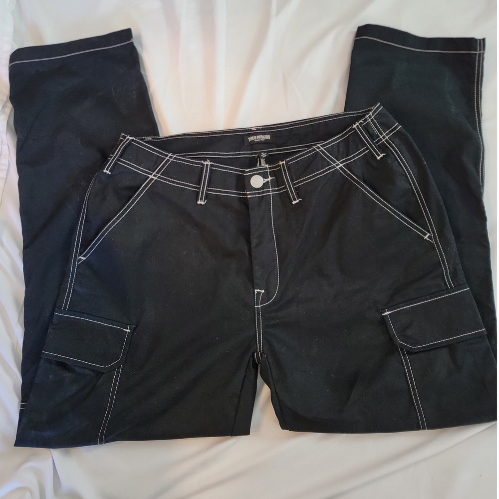 True Religion Mens Black Contrast Stitch Cargo Pants Size 34 Straight Leg
